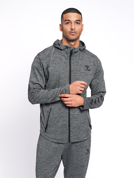 hmlASTON ZIP HOODIE, DARK GREY MELANGE, model